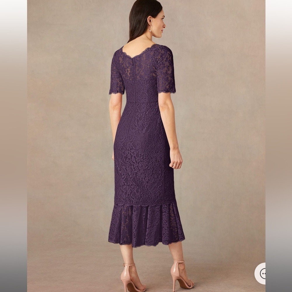 NWT - Azazie Lisa Plum Lace Short Sleeve Midi Dress Women's A10 - Picture 4 of 8